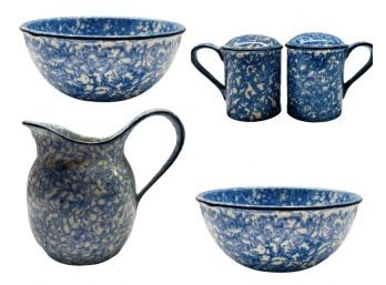 Blue Spatterware: Bowls, Pitcher, Salt And Pepper
