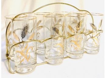 Vintage Mid Century Modern Golden Wheat 22kt Gold Trimmed Tumbler Set With Caddy