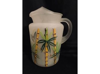 Vintage Frosted Beverage Pitcher With Bamboo Design Pattern