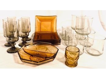 Grouping Of Vintage Smokey Amber Serveware / Barware (20pcs)