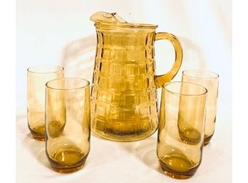 Vintage Amber Glass Geometric Beverage Set (5pcs)