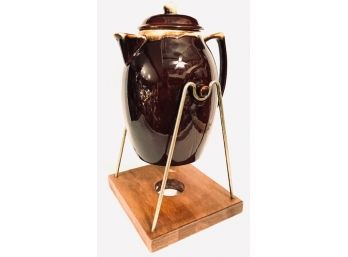 Rare Vintage Pfaltzgraff Brown Drip Glaze Warming Kettle On Craddle