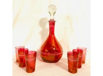 Vintage Cranberry Flash Decanter Set By Anchor Hocking