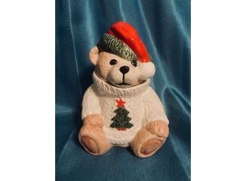 Adorable Vintage Ceramic Christmas Teddy Bear Cookie Jar