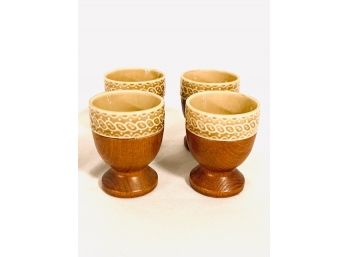 Set Of Vintage Teak Wood & Ceramic Inlay Egg Cups (4ct)