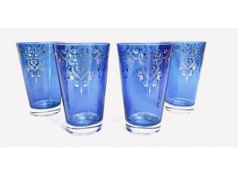 Set Of Sapphire Blue Pint Glasses With Silver Scroll Overlay (4ct)