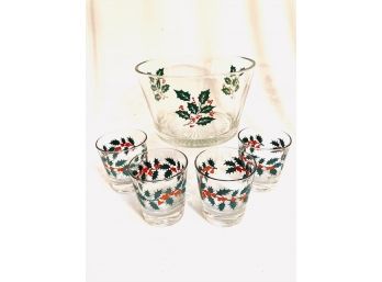 Vintage Holiday Holly Berry Ice Bucket & Rocks Glasses (5 Pcs)