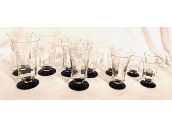 Rare Etched Paneled Glassware With Black Stem & Base (11 Pcs)