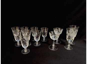 Collection Of Twelve Etched Stemware Pieces - Both Crystal And Glass