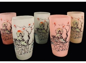 Vintage Set Of Frosted Tumblers With Geisha Theme (5ct)