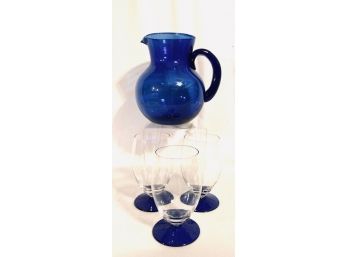 Vintage Cobalt Blue Handblown Pitcher And 3 Footed Tumblers