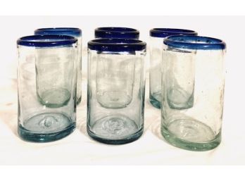 Set Of Hand Blown Glass Tumblers With Cobalt Blue Rim (6ct)