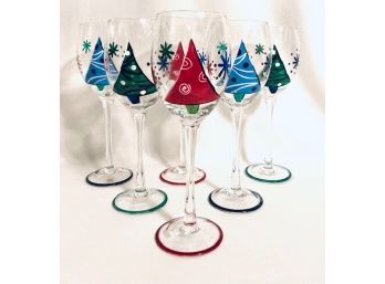 Set Of Block Fine China Hand Painted Christmas Tree Goblets (6ct)