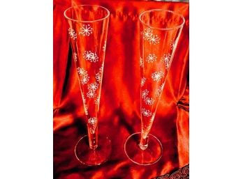 Pair Of Vintage Snowflake Toasting Flutes