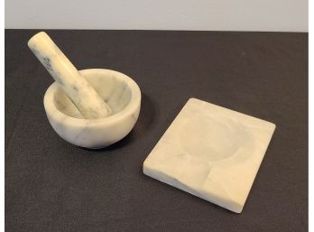 Marble Mortar And Pestle And A Marble Spoon Rest, Good Condition