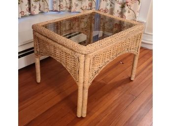 Wooden Wicker Table W Glass Top, Great Shape