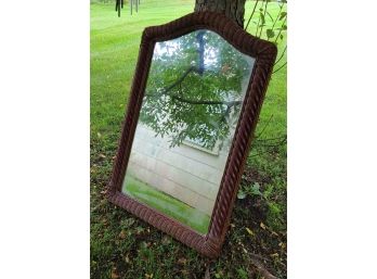 Large Hanging Dark Brown Wood And Wicker Mirror, Great Shape