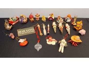 Large Ornament Lot, Includes Barbie, Grinch, Fireman, Pigs, Santas, Snowmen, Etc