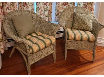 2 Beautiful Wooden Wicker Chairs W Cushions, 1 Foot Unraveling