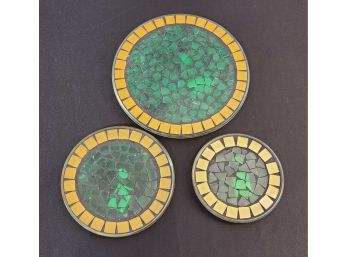 3 Green Glass Coasters, Assorted Sizes, Great Condition