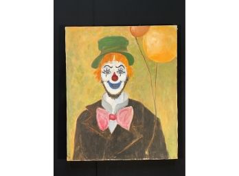 Vintage Signed Clown On Canvas
