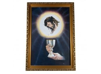 Vintage Religiosity Painting Jesus & Communion Chalice Signed K Polizzi