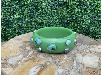 Artisian Kelly Green Bangle With Turquoise Stones Embedded In Silver