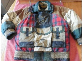 Gallery Vintage Tribal Plaid Wool Leather Down Coat Jacket Red Green Wild Bear S