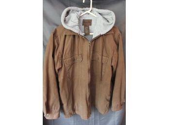 Men's Marino Bay Work Jacket Cotton Canvas Brown Tough With Faux Hoodie Liner M