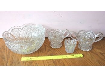 Cut Crystal Lot Of Vintage Cream Pitcher & Sugar 9' Fruit Bowl Toothpick Holder