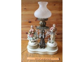 Antique Bronze Parlor Lamp Baroque Porcelain Man & Woman Figure Crystals Vintage