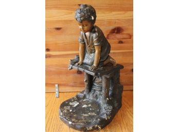 Antique Chalkware Fishbowl Stand Boy Over Fish Bowl Plaster Statue Vintage 18.5'