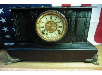 Antique Ansonia Mantle Clock 1888 Iron Aries Rams Heads Rustic Brass Horoscope