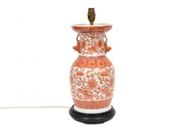 Coral And White Asian Porcelain Converted Table Lamp