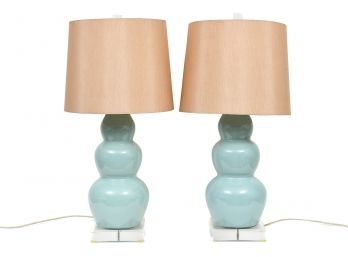 Pair Of Triple Gourd Table Lamps With Lucite Bases And Silk Shades