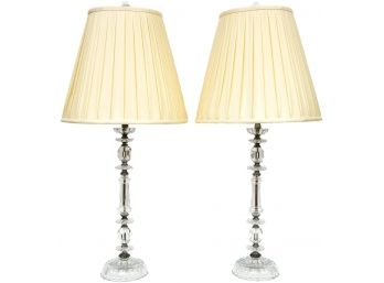 Beautiful Pair Of Crystal Table Lamps With Glass Base And Pleated Shades