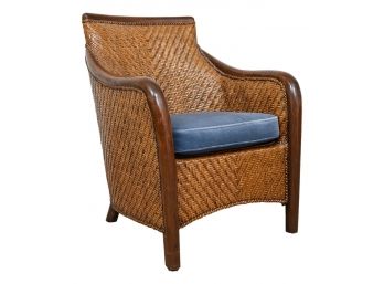 Rattan And Wood Club Armchair With Velvet Upholstered Cushion