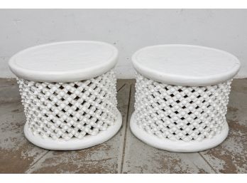 Pair Of Bamileke Wood Coffee Tables Painted In White