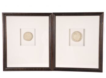 Pair Of Framed Antique Carved Round Stone Sculptures