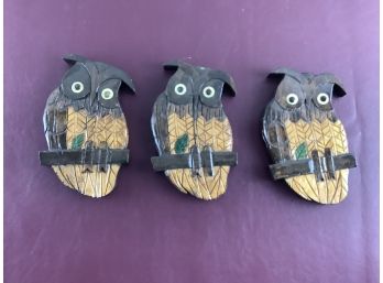 3 Hand Carved Wood Owls