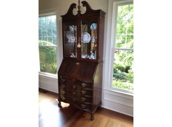 Fabulous Flame Mahogany Bookcase Top Secretary By JASPER CABINET COMPANY With Bubble Glass Doors - WOW !