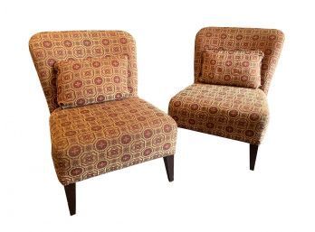 Pair Of Red & Gold Upholstered Armless Club Chairs With Pillow