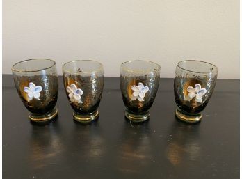 Set Of 4 Vintage Gold Trim Glasses With Hand Painted Flowers