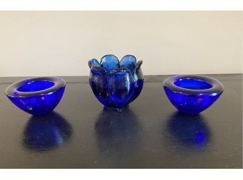 Group Of 3 Vintage Pieces Of Cobalt Glassware