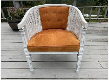 Beautiful White Painted Cane-back Tuft Upholstered Barrel Chair