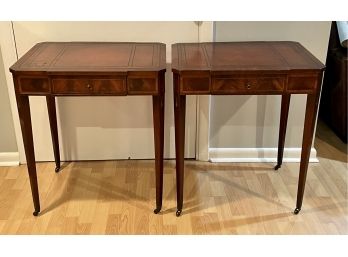 Pair Of Vintage Leather Top Wooden Side Tables