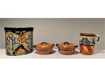 Lot Of Mexican Glazed Ceramic Table Items