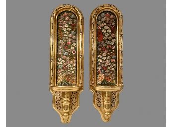 Stunning Pair Of Wooden Gold Colored Wall Sconces
