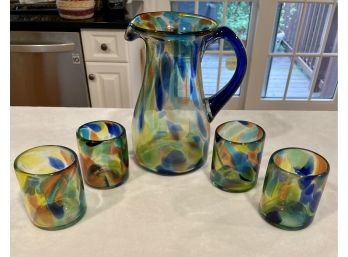 Stunning Multi Colored Glass Pitcher W/ 4 Glasses