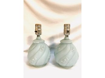 Barn Find! Pair Of Light Blue Swirled Glass Lamps With Rose Motif